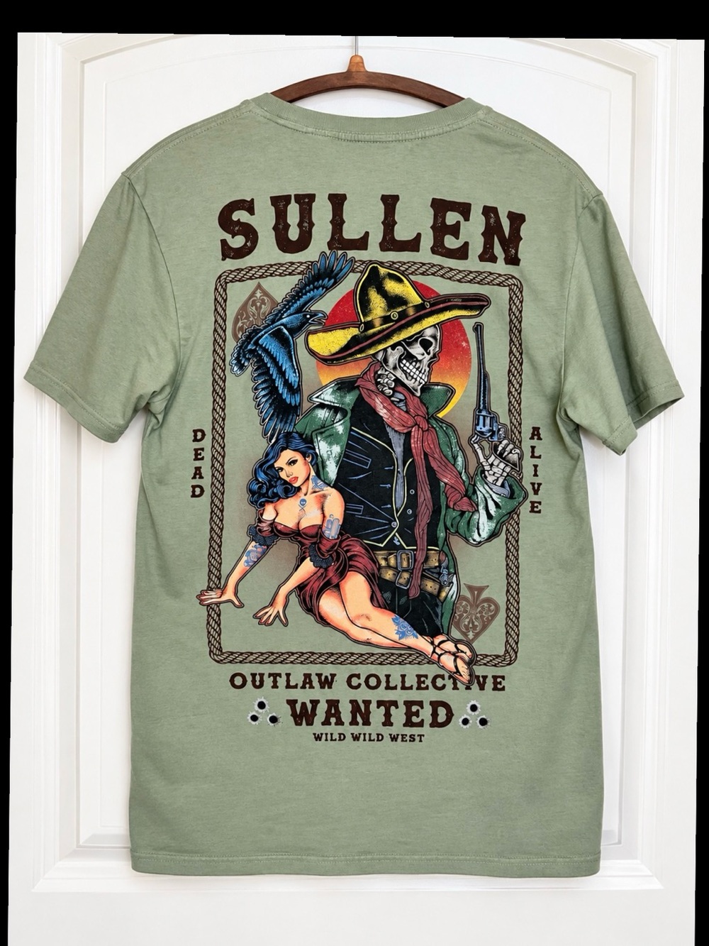 Sullen Art Collective Outlaw Wanted Western Skull Graphic Tee Sage Green S
